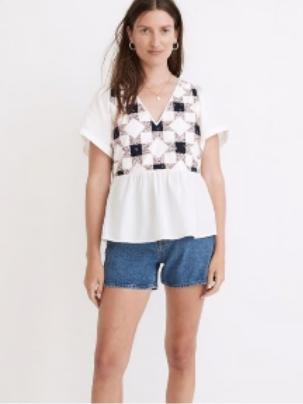 Madewell White Peplum Top with Black Patchwork V-Neck